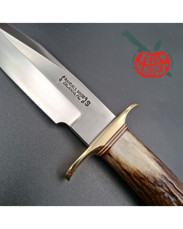 Randall Made Knives 1998 Model 15 5.5 Airman forged stainless steel stag handle brass guard and pommel black leather sheath