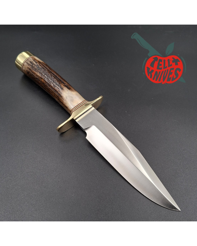 Randall Made Knives 1998 Model 15 5.5 Airman forged stainless steel stag handle brass guard and pommel black leather sheath