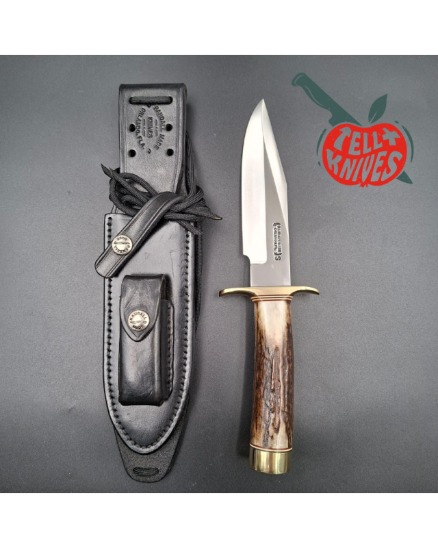 Randall Made Knives 1998 Model 15 5.5 Airman forged stainless steel stag handle brass guard and pommel black leather sheath