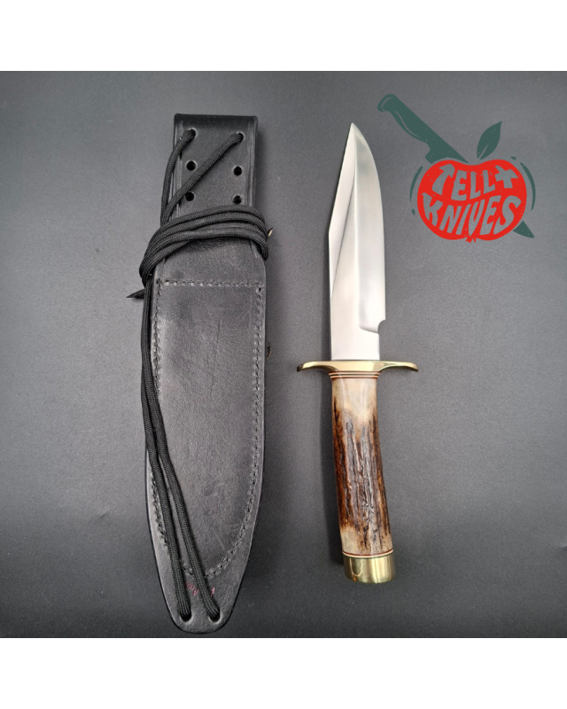 Randall Made Knives 1998 Model 15 5.5 Airman forged stainless steel stag handle brass guard and pommel black leather sheath