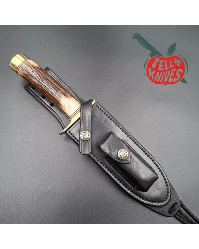 Randall Made Knives 1998 Model 15 5.5 Airman forged stainless steel stag handle brass guard and pommel black leather sheath