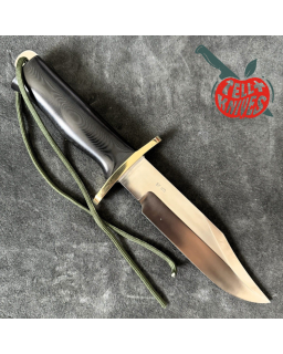 Randall Buxton Fighter Full Tang Stainless steel brass forward curved hilt black micarta handle brown leather sheath