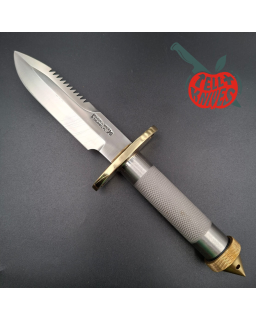 Randall Made Knives Model 18 5.5 forged stainless steel tubular handle brass guard brown leather sheath brass skull crus