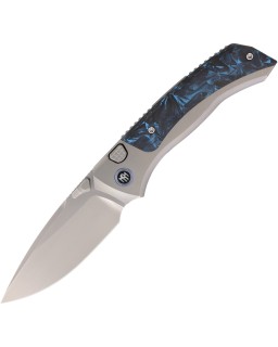 Remette Steed Button Framelock M390 Pearlescent M390 Steel Blade Blue Sand Blasted Titanium and Fiber Carbon Handles
