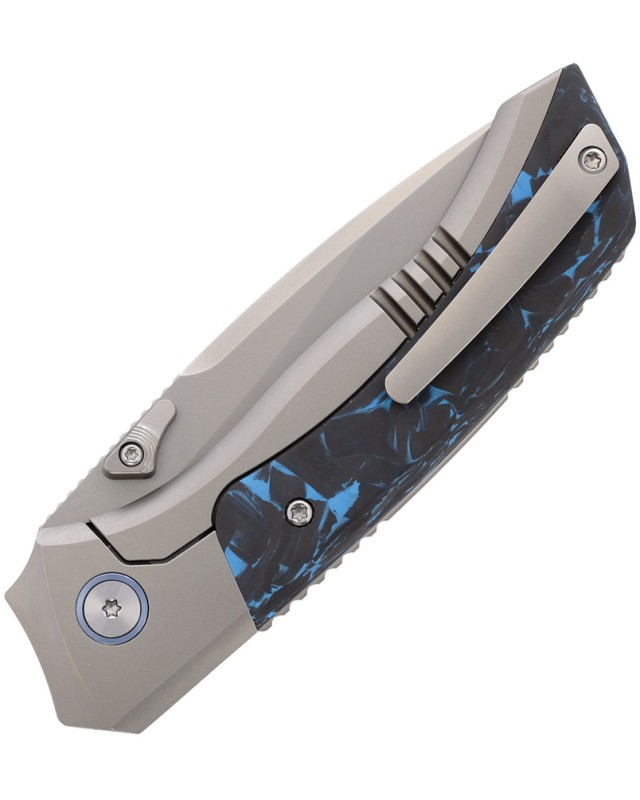 Remette Steed Button Framelock M390 Pearlescent M390 Steel Blade Blue Sand Blasted Titanium and Fiber Carbon Handles