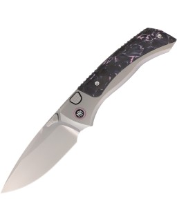 Remette Steed Button Framelock M390 Pearlescent M390 Steel Blade Pink Sand Blasted Titanium and Carbon Fiber Handle