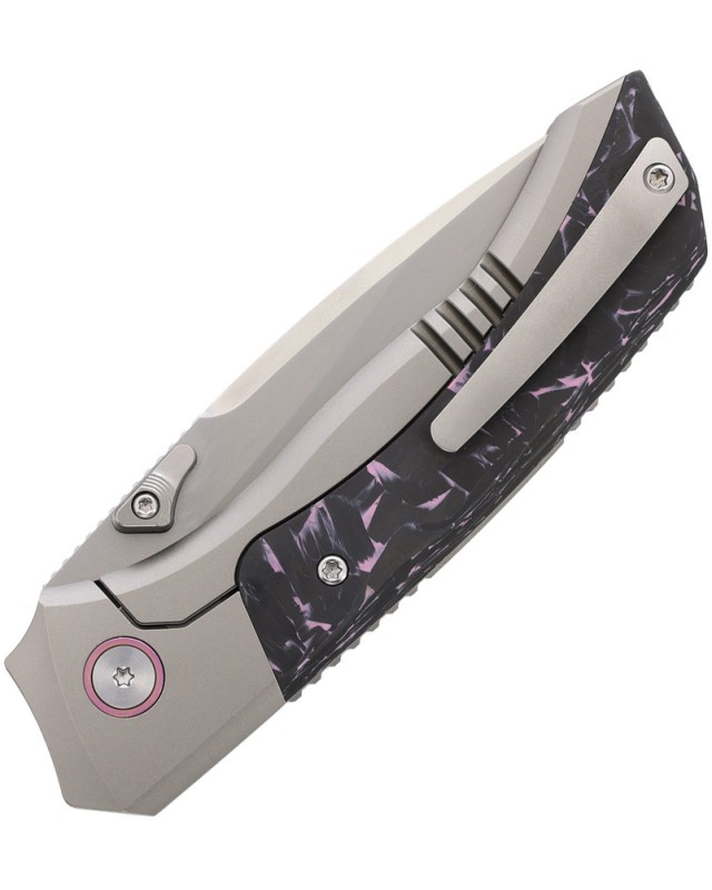 Remette Steed Button Framelock M390 Pearlescent M390 Steel Blade Pink Sand Blasted Titanium and Carbon Fiber Handle