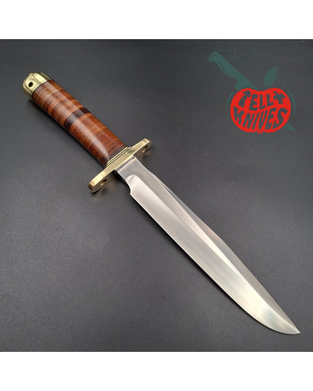 Randall Made Knives WWII Replica Model 1-8 forged stainless steel blade brass guard stacked leather handle brown leather