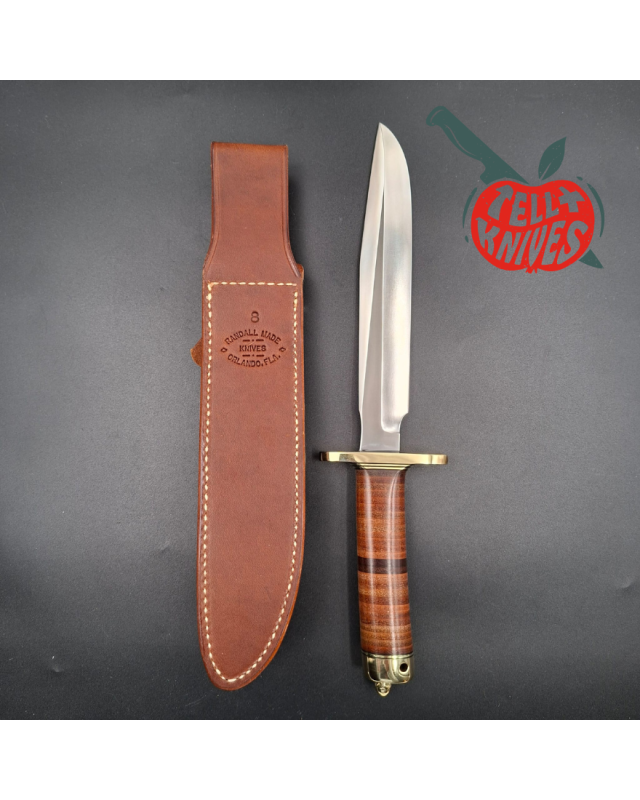 Randall Made Knives WWII Replica Model 1-8 forged stainless steel blade brass guard stacked leather handle brown leather