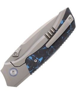 Remette Steed Button Framelock Pearlescent M390 Steel Blade Blue Sand Blasted Titanium Fiber Carbon Handle