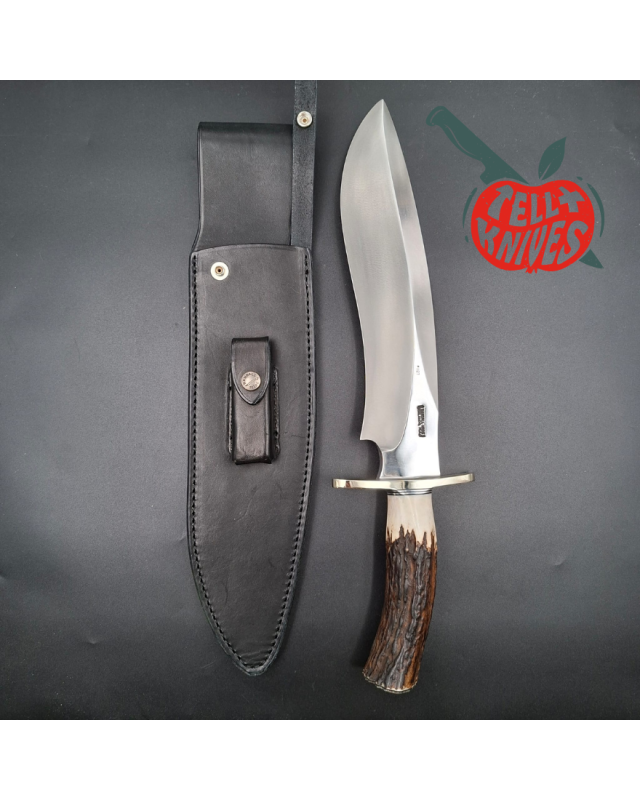 Randall Made Knives Model Sasquatch Large forged carbon steel stag handle nickel silver guard signed black leather sheath