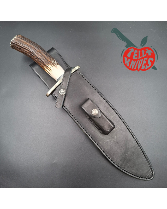 Randall Made Knives Model Sasquatch Large forged carbon steel stag handle nickel silver guard signed black leather sheath