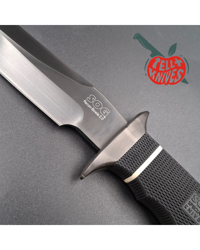 SOG Recon Bowie 2.0 TiNi black AUS-8 stainless steel black Kraton handle black leather sheath