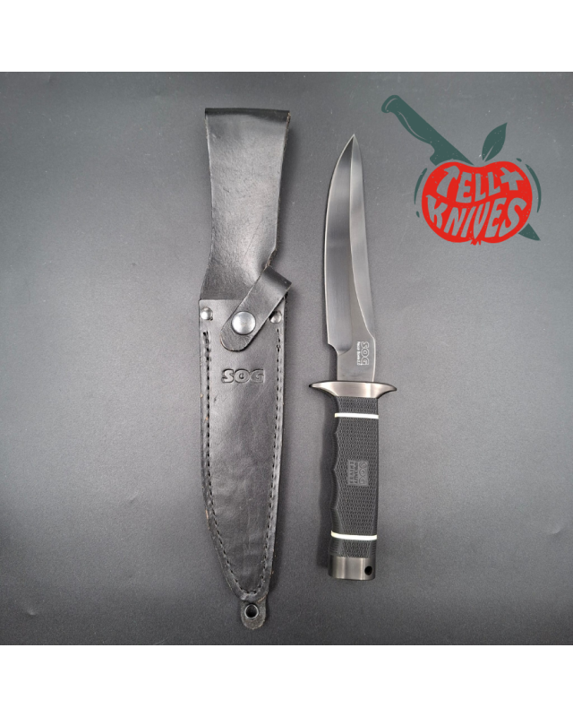 SOG Recon Bowie 2.0 TiNi black AUS-8 stainless steel black Kraton handle black leather sheath