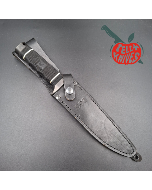 SOG Recon Bowie 2.0 TiNi black AUS-8 stainless steel black Kraton handle black leather sheath