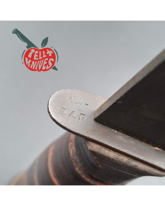 KABAR MK2 Fighting Knife WWII Era black carbon steel blade stacked leather handle gray plastic sheath