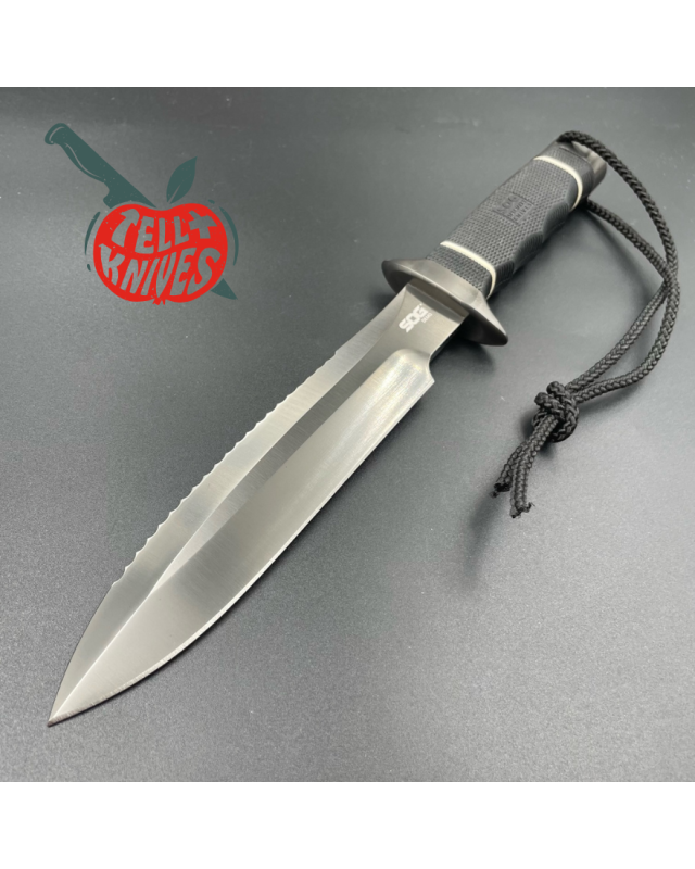 SOG Scuba Demo 2.0 fighting knife AUS-8 stainless steel Black TiNi finish black Kraton handle black leather sheath