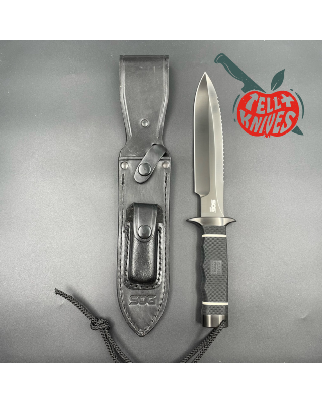 SOG Scuba Demo 2.0 fighting knife AUS-8 stainless steel Black TiNi finish black Kraton handle black leather sheath