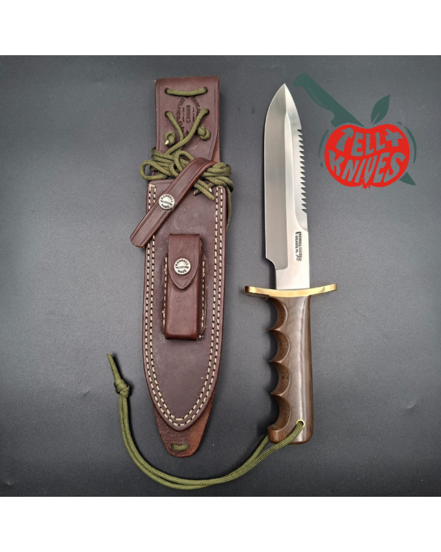 Randall Made Knives Model 14 - 7.5 full tang forged stainless steel sawteeth brass guard brown micarta handle waxed brow