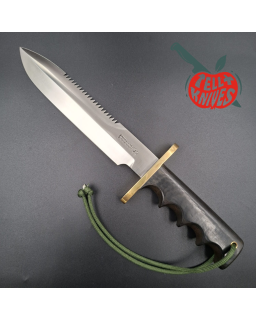 Randall Made Knives 1998 Model 14 - 7.5 full tang forged stainless steel sawteeth brass guard green micarta handle brown