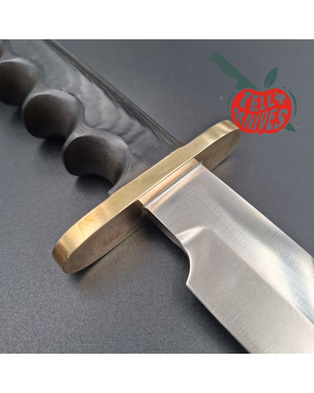 Randall Made Knives 1998 Model 14 - 7.5 full tang forged stainless steel sawteeth brass guard green micarta handle brown