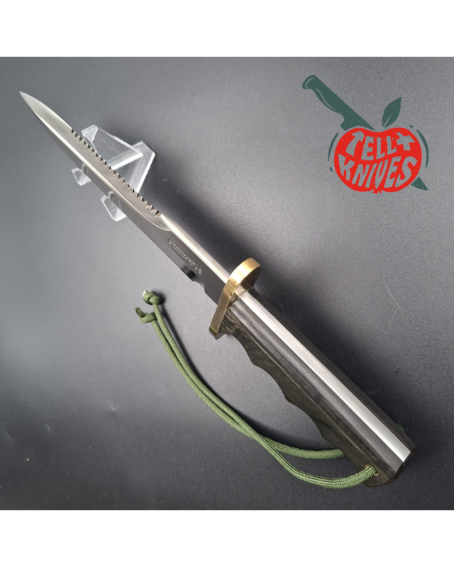 Randall Made Knives 1998 Model 14 - 7.5 full tang forged stainless steel sawteeth brass guard green micarta handle brown