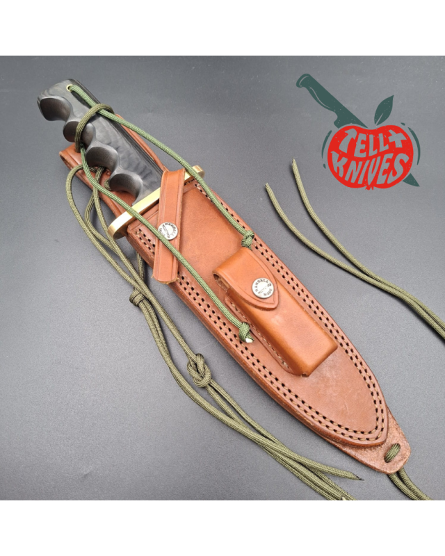 Randall Made Knives 1998 Model 14 - 7.5 full tang forged stainless steel sawteeth brass guard green micarta handle brown