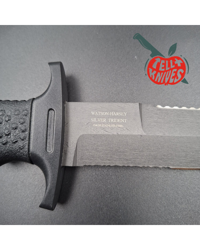 Gerber Silver Trident Watson Harsey Design 154CM stainless steel grey finish blade black polymer handle black nylon shea