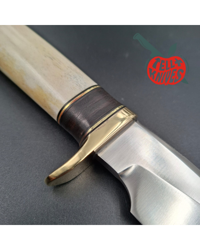 Randall Made Knives 1990 Model 25-5 The Trapper forged stainless steel ground stag handle brass guard brown leather shea