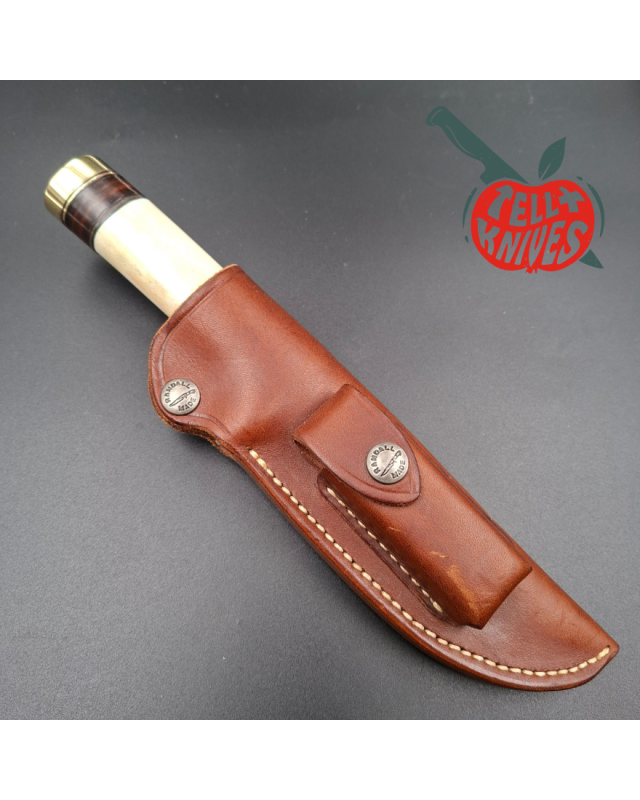 Randall Made Knives 1990 Model 25-5 The Trapper forged stainless steel ground stag handle brass guard brown leather shea
