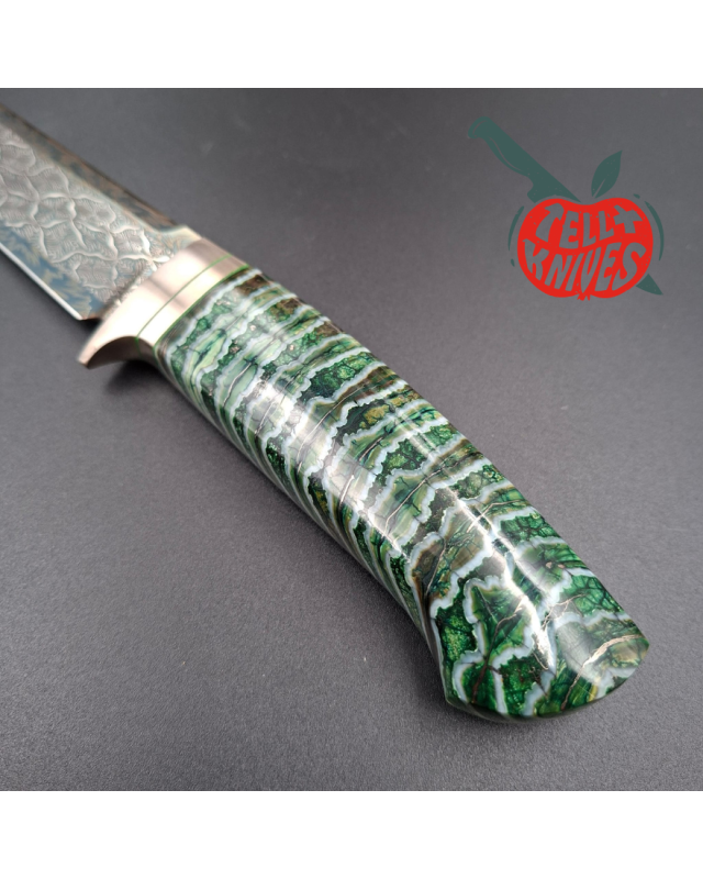 Sergey Shidlovskiy Custom Knives Model HULK Mosaic Damascus blade fossilized green mammoth handle