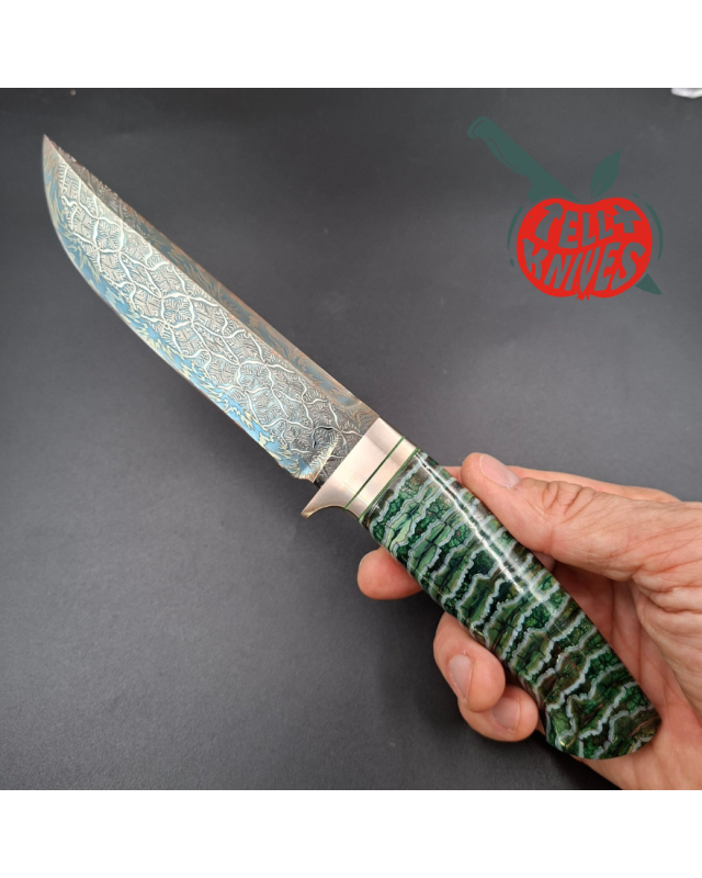 Sergey Shidlovskiy Custom Knives Model HULK Mosaic Damascus blade fossilized green mammoth handle