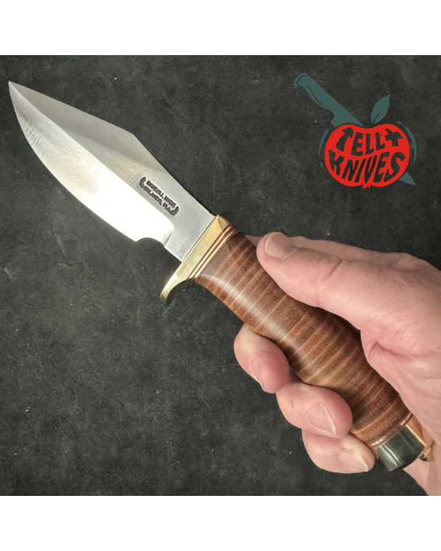 Randall Model 19 - 5 Bushmaster forged carbon steel stacked leather handle brass guard brown leather sheath