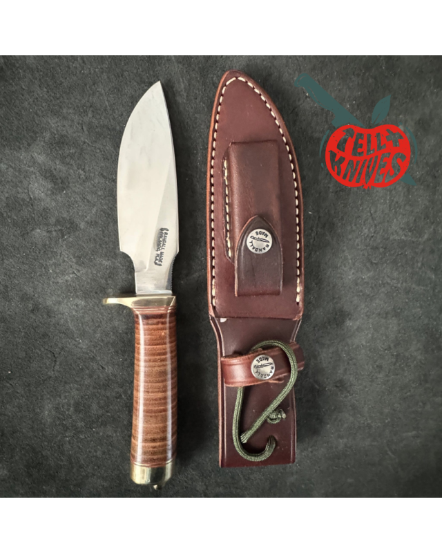 Randall Model 11 - 5 Alaskan Skinner forged carbon steel stacked leather handle brass guard brown leather sheath