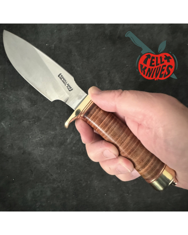 Randall Model 11 - 5 Alaskan Skinner forged carbon steel stacked leather handle brass guard brown leather sheath
