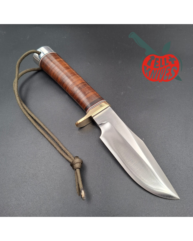 Randall Made Knives 1990 Model 23 Gamemaster forged carbon steel stacked leather handle brass guard brown leather sheath
