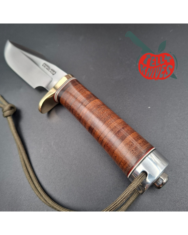 Randall Made Knives 1990 Model 23 Gamemaster forged carbon steel stacked leather handle brass guard brown leather sheath