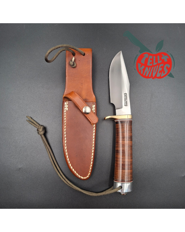 Randall Made Knives 1990 Model 23 Gamemaster forged carbon steel stacked leather handle brass guard brown leather sheath