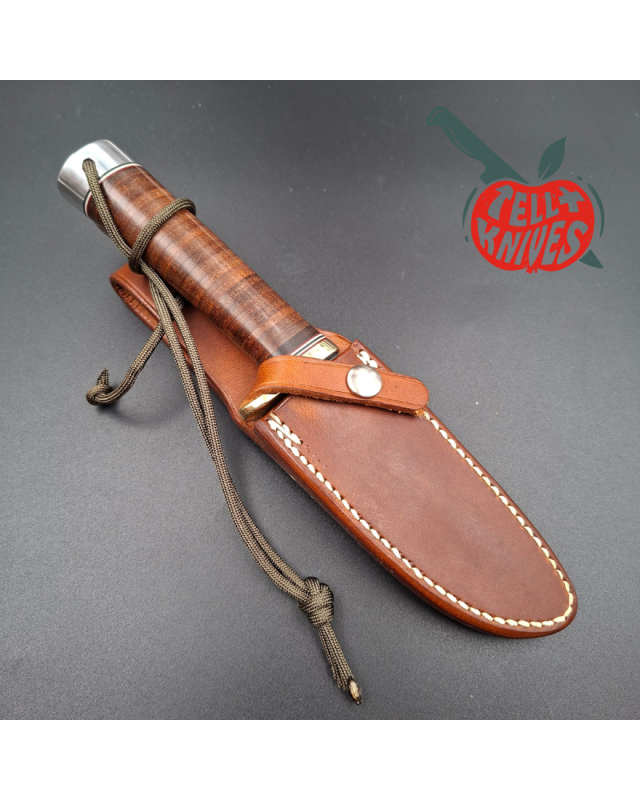 Randall Made Knives 1990 Model 23 Gamemaster forged carbon steel stacked leather handle brass guard brown leather sheath