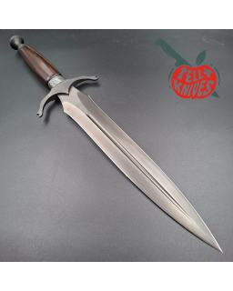 Michal Komorovsky Hunting Dagger Sleipner steel black DLC coating Arizona Ironwood handle brown leather sheath