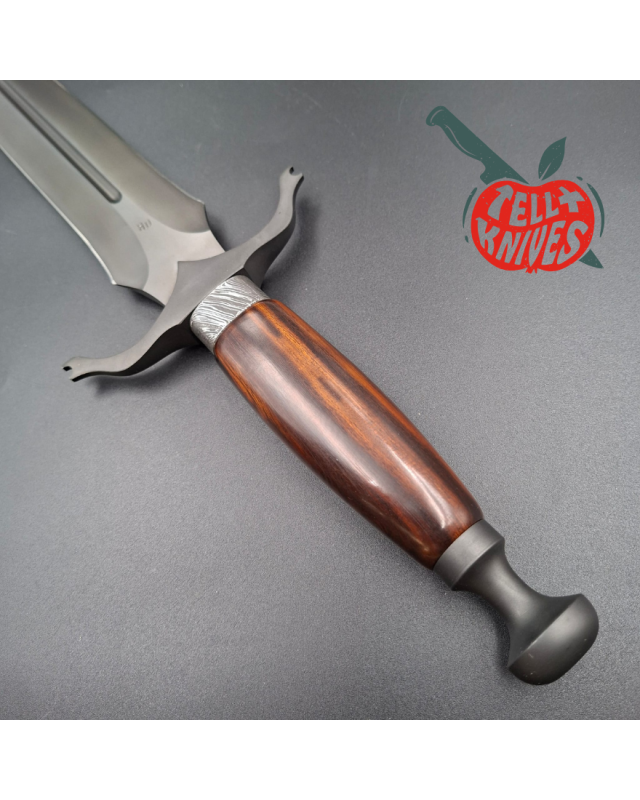 Michal Komorovsky Hunting Dagger Sleipner steel black DLC coating Arizona Ironwood handle brown leather sheath