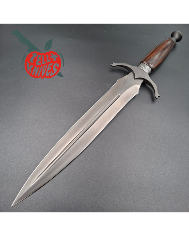 Michal Komorovsky Hunting Dagger Sleipner steel black DLC coating Arizona Ironwood handle brown leather sheath