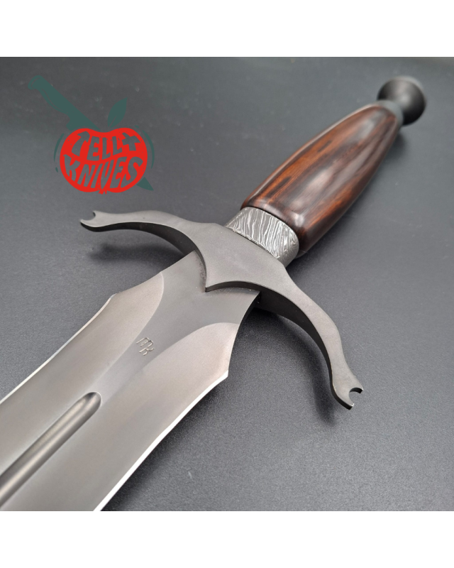 Michal Komorovsky Hunting Dagger Sleipner steel black DLC coating Arizona Ironwood handle brown leather sheath