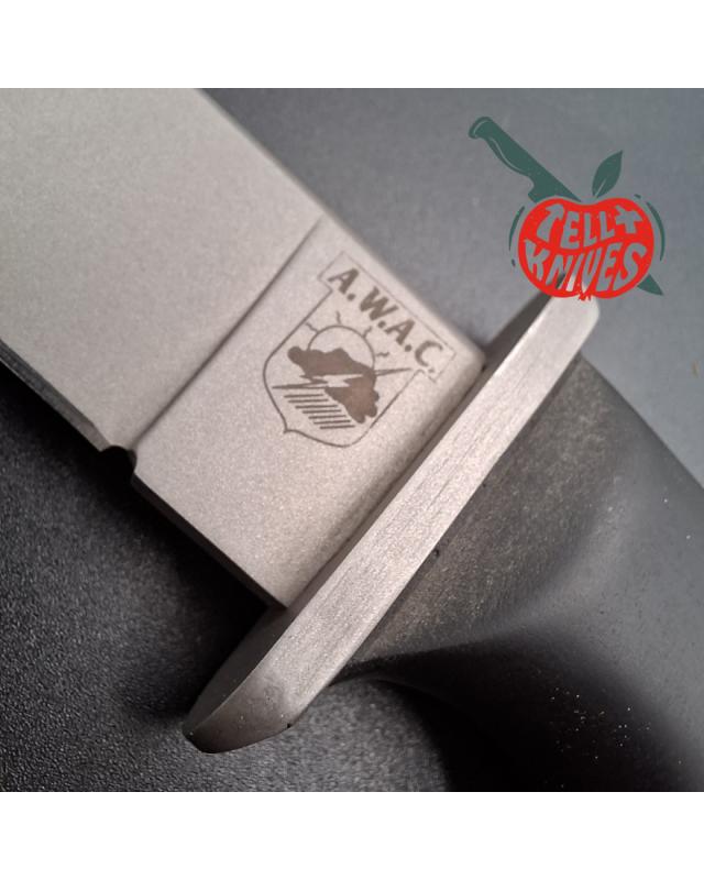 Blackjack Knives Model AWAC fixed blade knife Sandvik 12C27 Stainless Steel blade black micarta handle black leather she