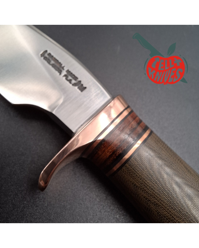 Randall Made Knives Model 27 Mini Copper forged stainless steel green micarta and stacked leather handle copper guard an