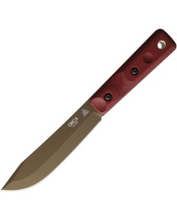 Ontario Knife Co XL Hunter Fixed Blade Full Tang bronze coated 1095HC carbon steel Red Canvas Micarta handle brown leath