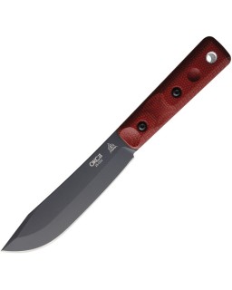 Ontario Knife Co XL Hunter Fixed Blade Full Tang black coated 1095HC carbon steel Red Canvas Micarta handle brown leathe
