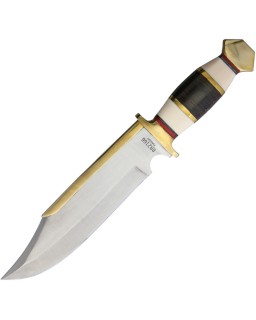 Rough Rider Bowie Brass Satin Stainless Steel Blade Stacked Leather White Smooth Bone Handle