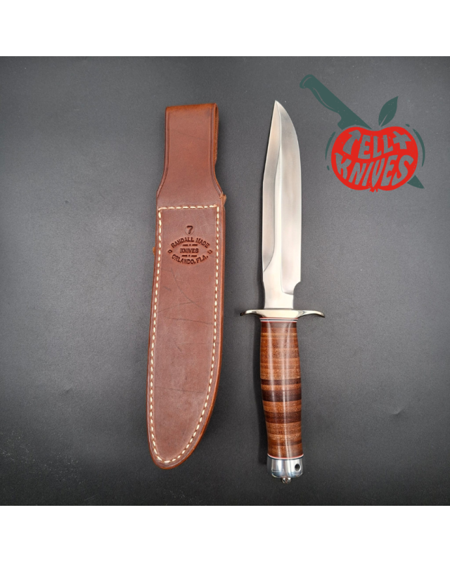 Randall Made Knives Model 1-7  forged carbon steel blade nickel silver guard stacked leather handle Sawteeth Grind