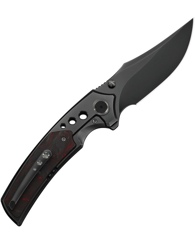 We Knife Skynix Gray Polished Bohler M390 Steel Blade Dark Gray Titanium Black and Red CF Handle